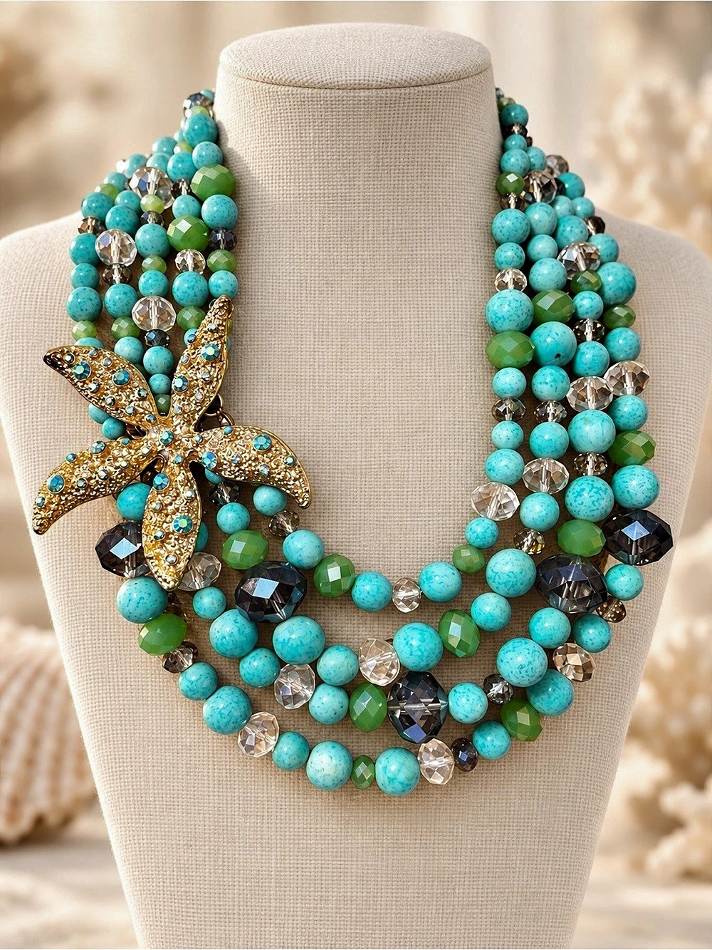 Statement Beaded Pendant Necklace in Blue & Green 333